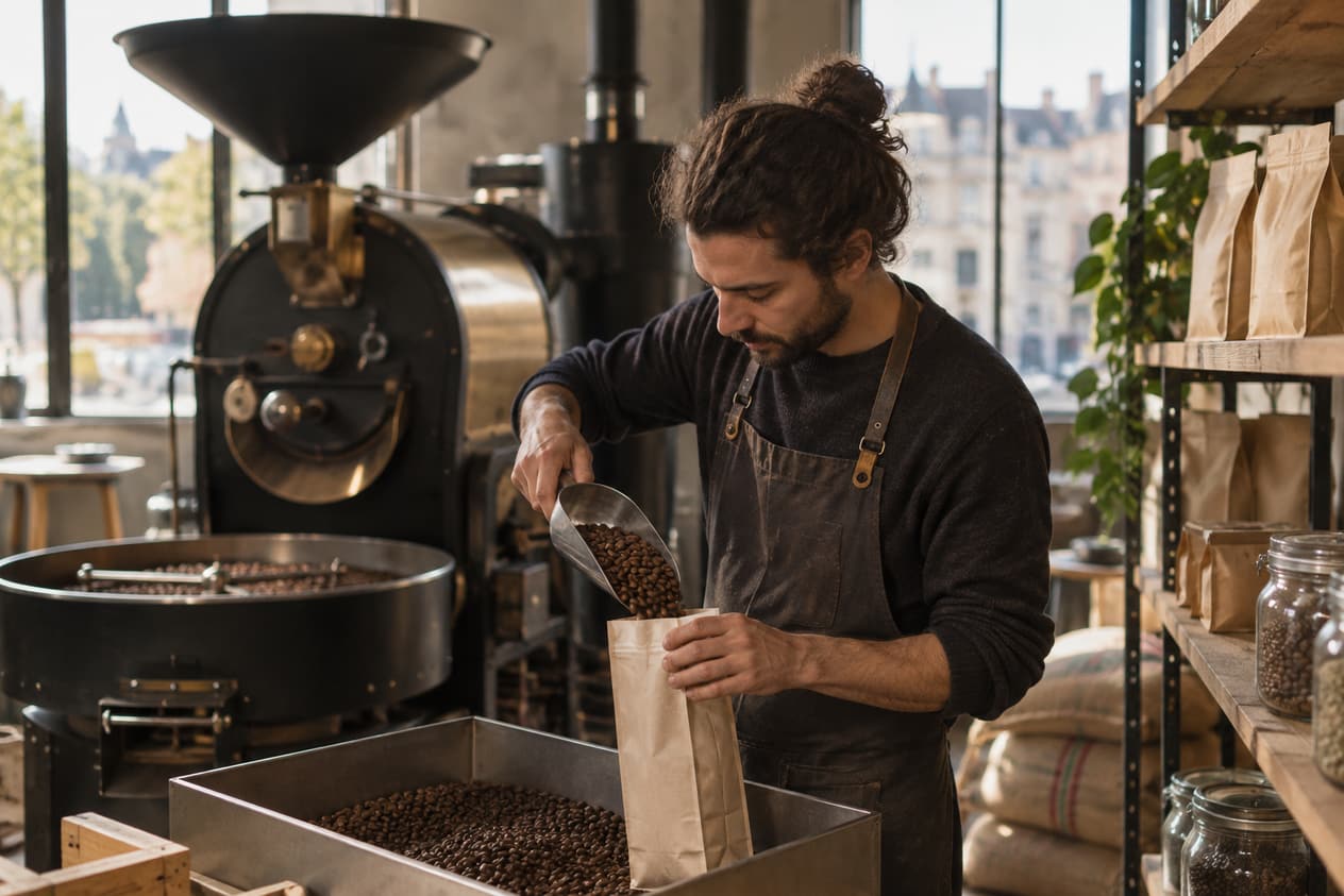 Torréfacteur rennais remplissant un sachet de grains à l’atelier
