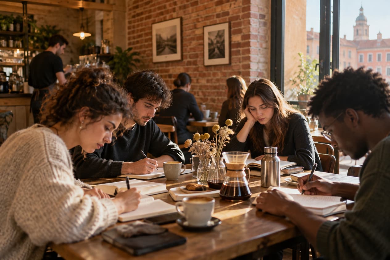 Grande table commune d’un coffee shop toulousain occupée par des étudiants