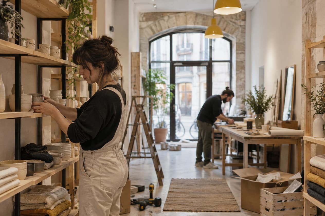 Seconde boutique en cours d’installation à Besançon, étagères en partie garnies