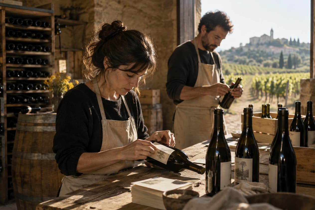 Mise en bouteille et étiquetage à la main dans un caveau près d’Avignon