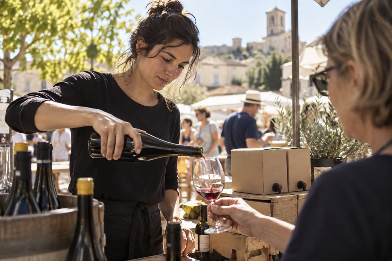Stand de vigneron sur un marché de producteurs près de Montpellier