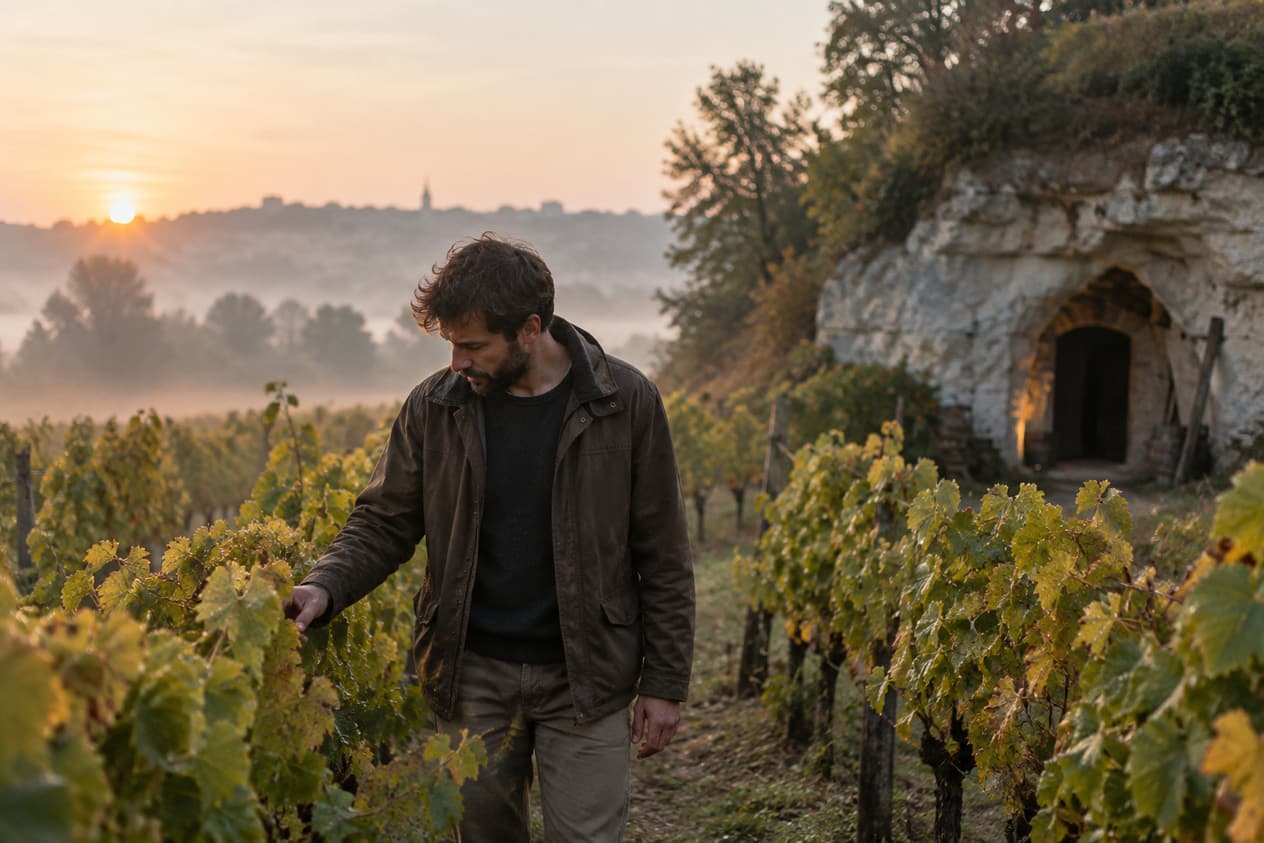 Vigneron de Touraine dans ses vignes au petit matin