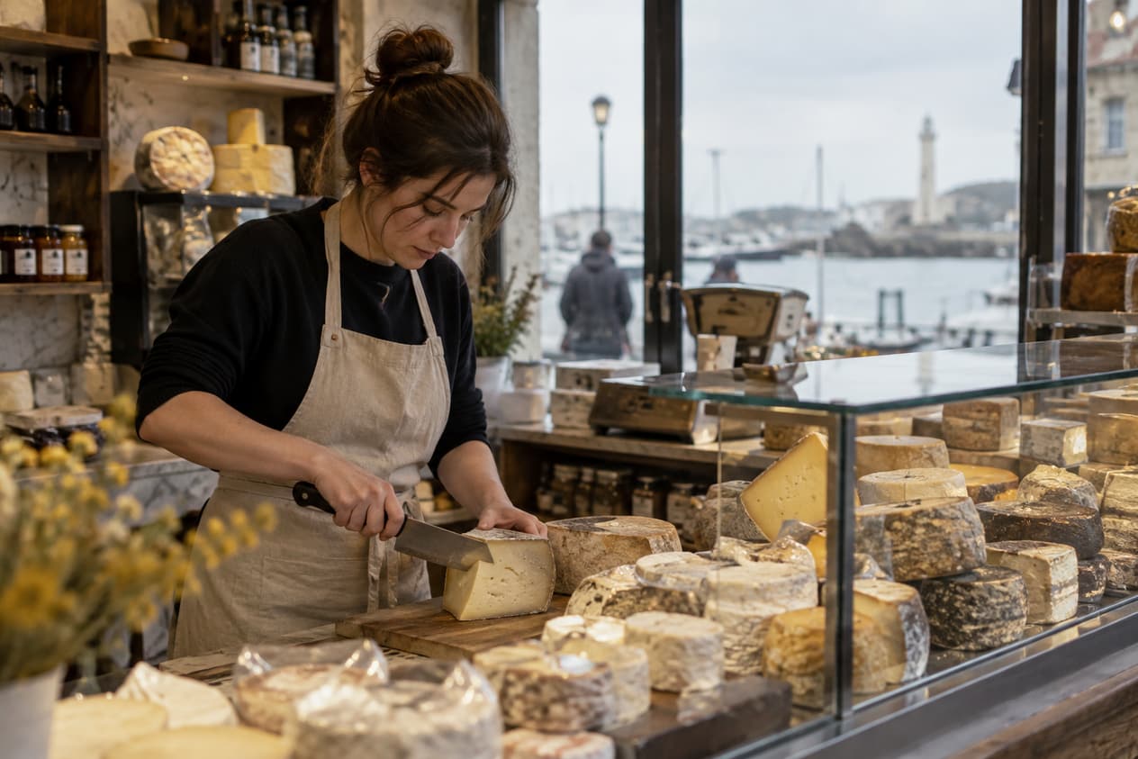 Comptoir de fromages affinés dans une épicerie fine calaisienne