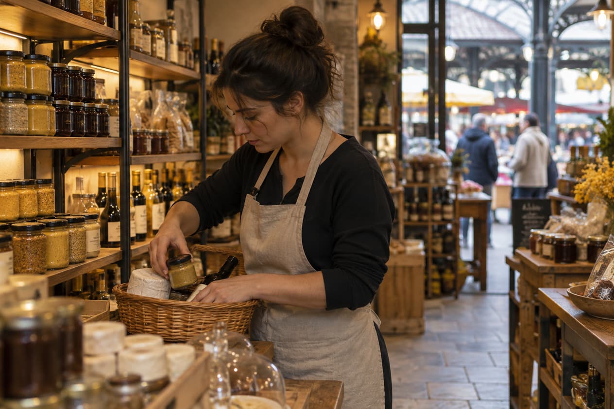 Épicerie fine dijonnaise, étagères de bocaux et panier en préparation