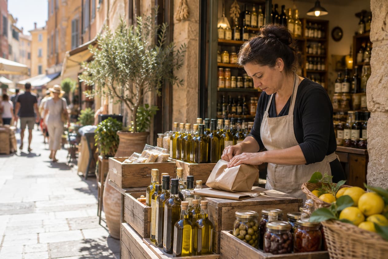 Épicerie fine du Vieux-Nice, bouteilles d’huile et colis en préparation