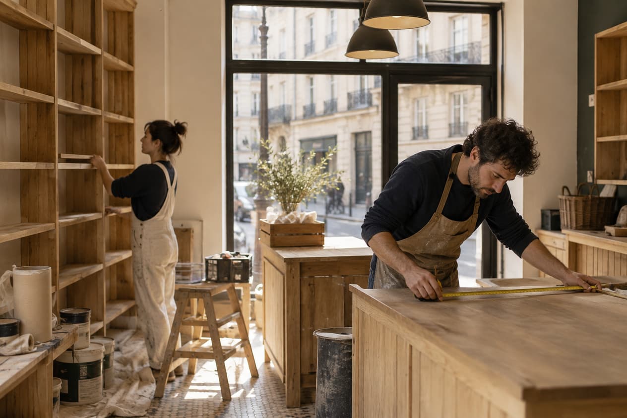 Boutique parisienne en cours d’aménagement en épicerie fine