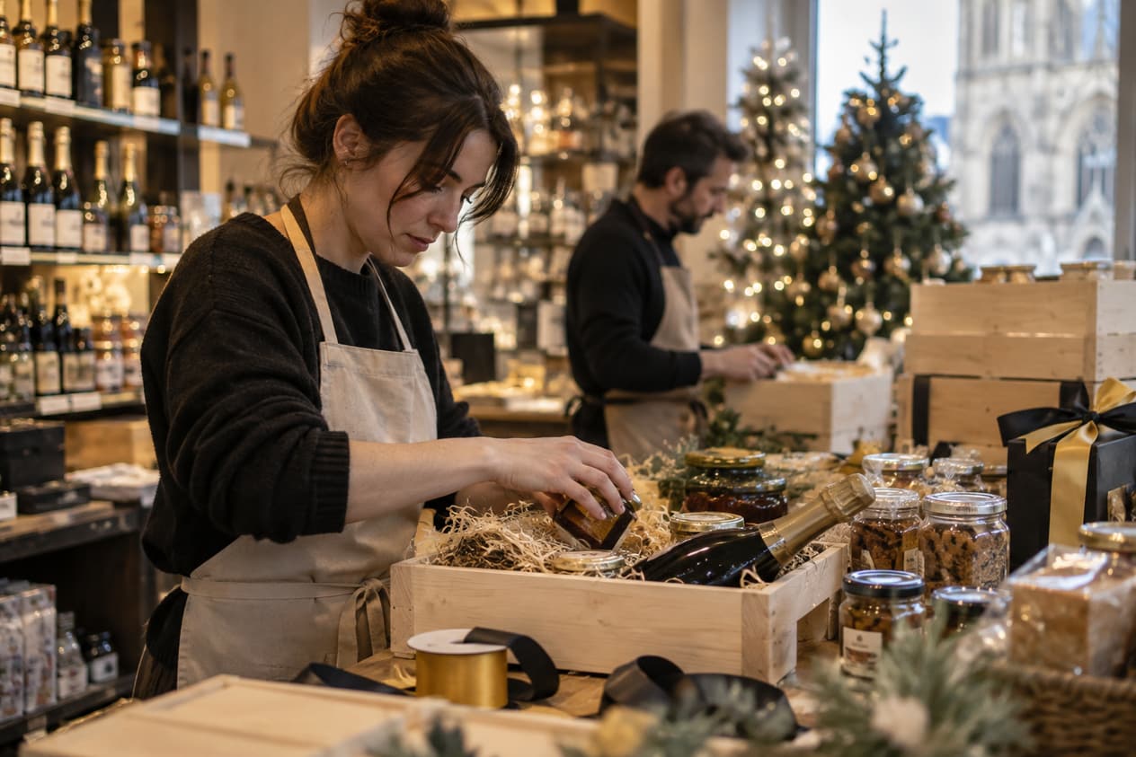 Coffrets en préparation dans une épicerie fine rémoise
