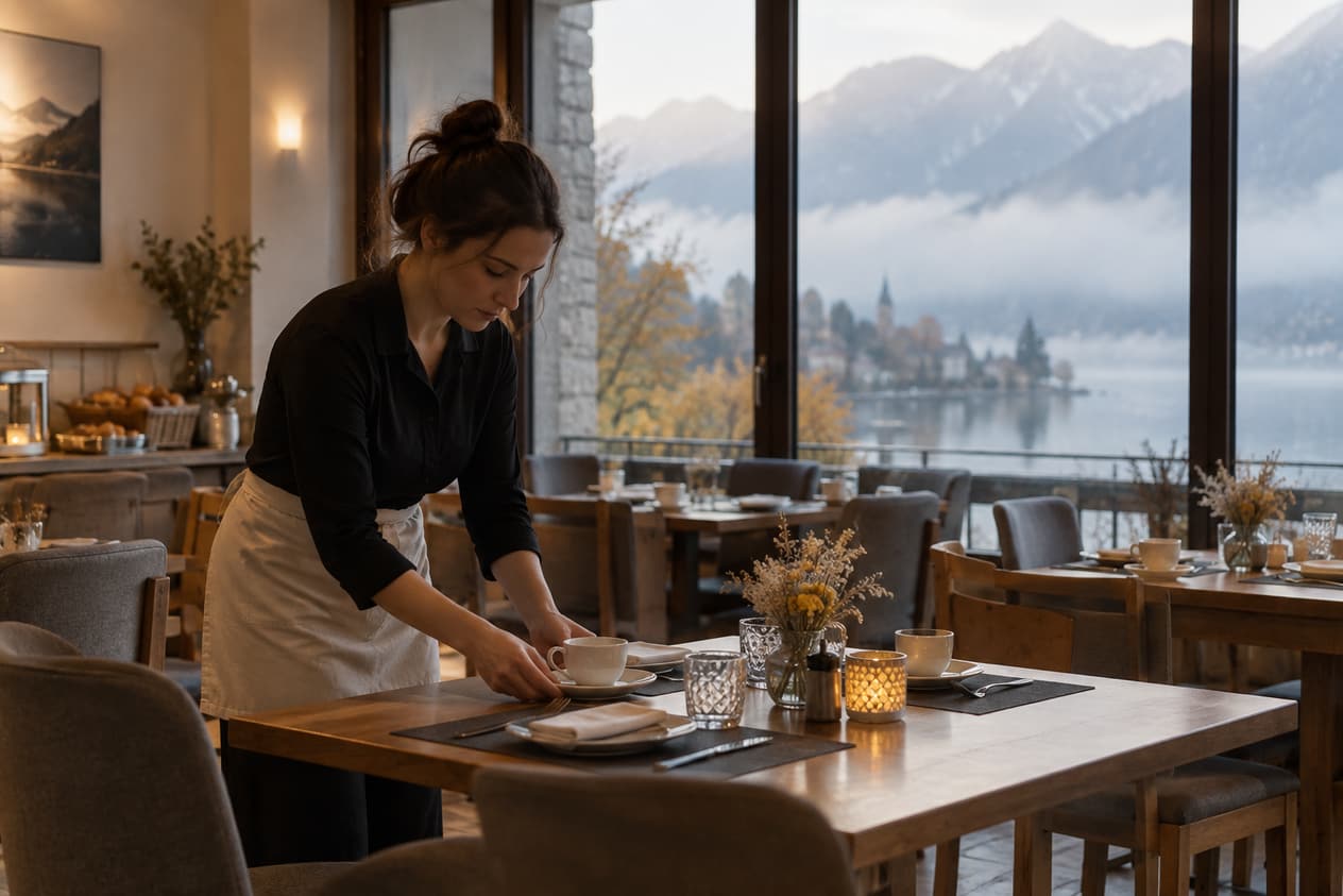 Salle de petit-déjeuner d’un hôtel d’Annecy en arrière-saison
