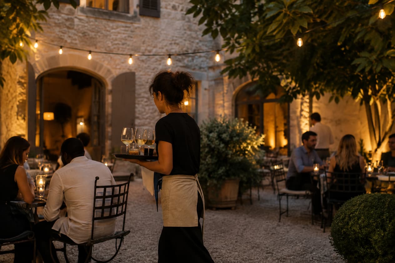 Cour en pierre d’un petit hôtel avignonnais un soir de juillet