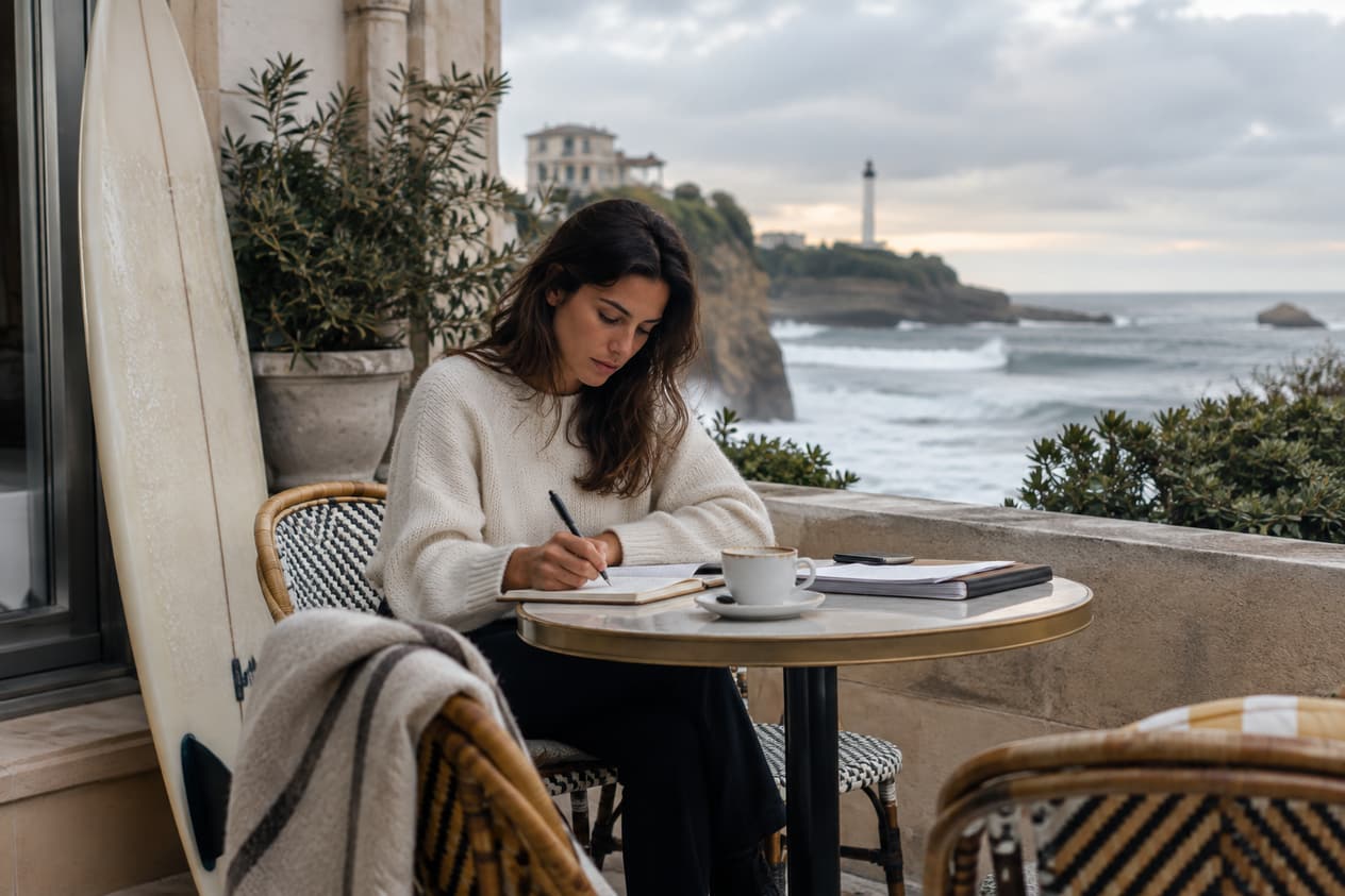 Terrasse d’un hôtel de Biarritz face à l’océan, planche de surf posée contre un mur