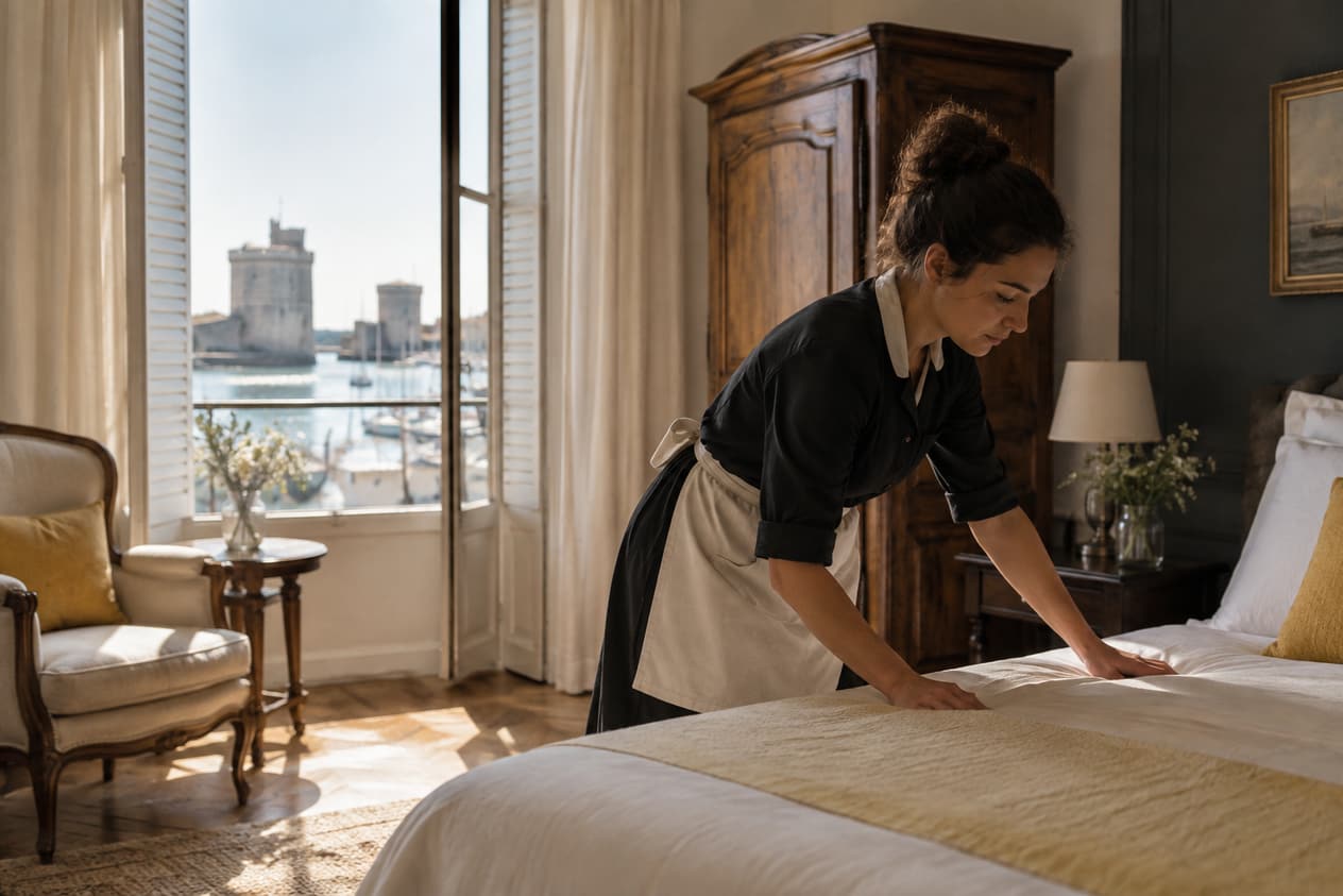 Chambre d’hôtel rénovée à La Rochelle, lumière du Vieux-Port