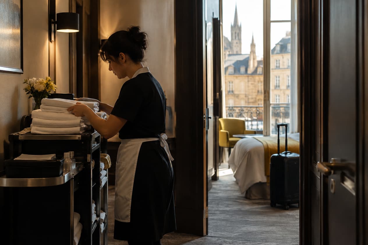 Couloir et chambre ouverte d’un hôtel messin un matin de semaine