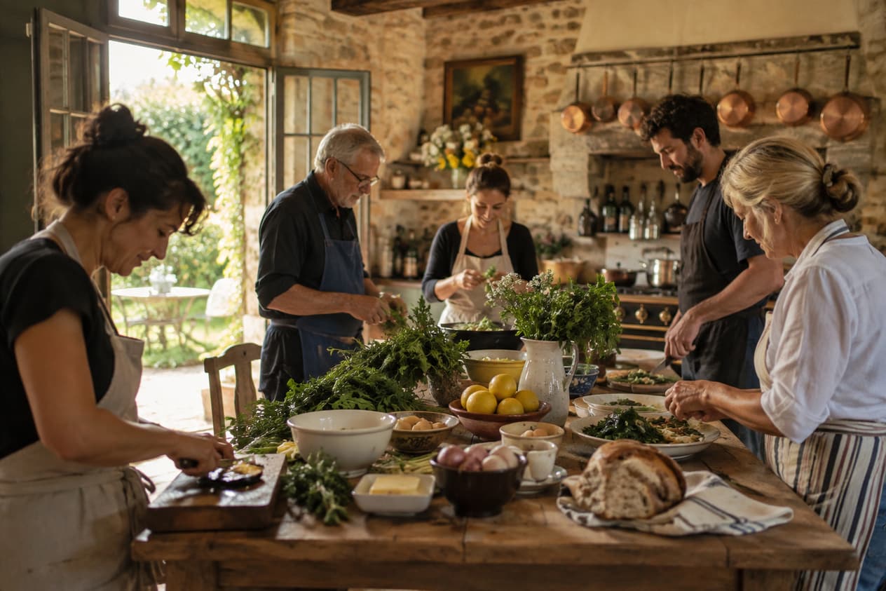 Cuisine ouverte d’une maison d’hôtes normande dressée pour un atelier