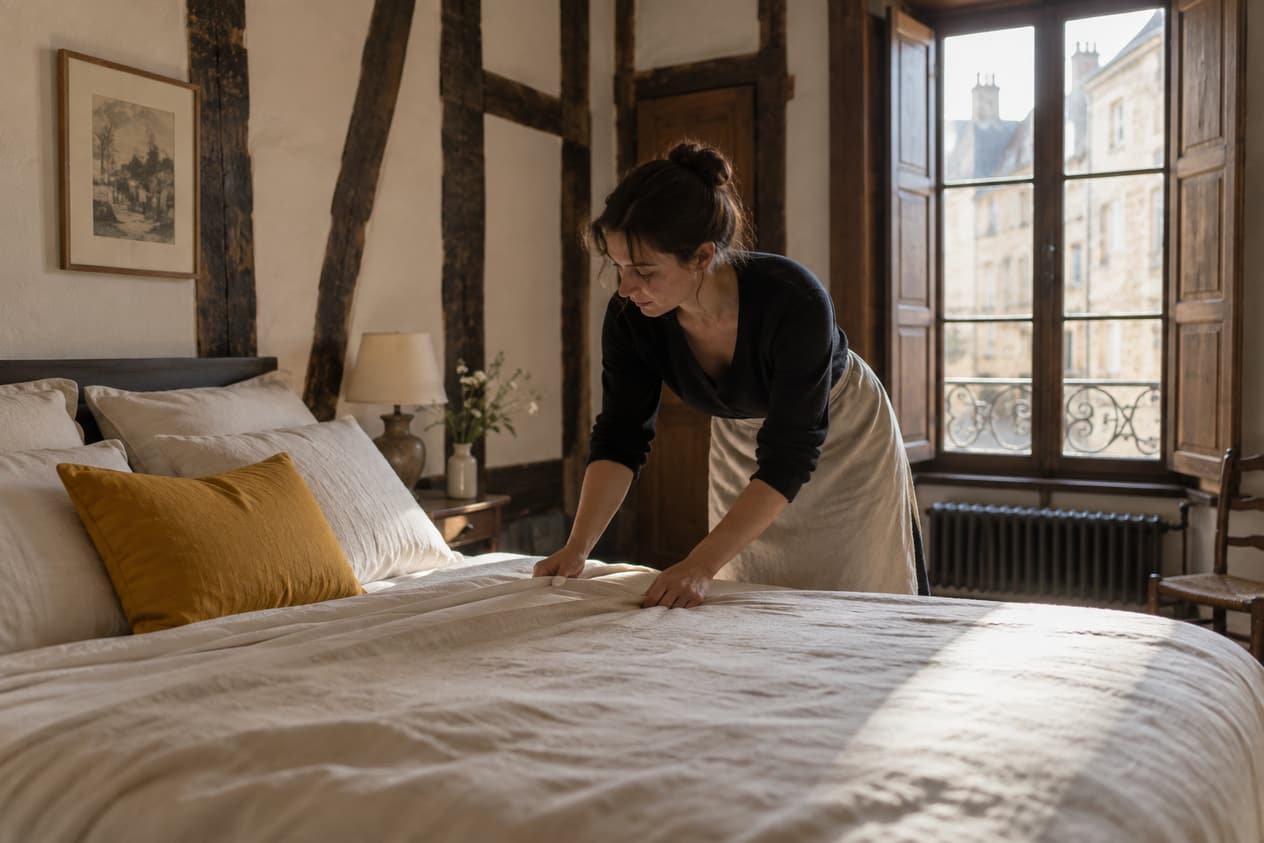 Chambre d’hôtes dans une maison à colombages dijonnaise, lit en lin