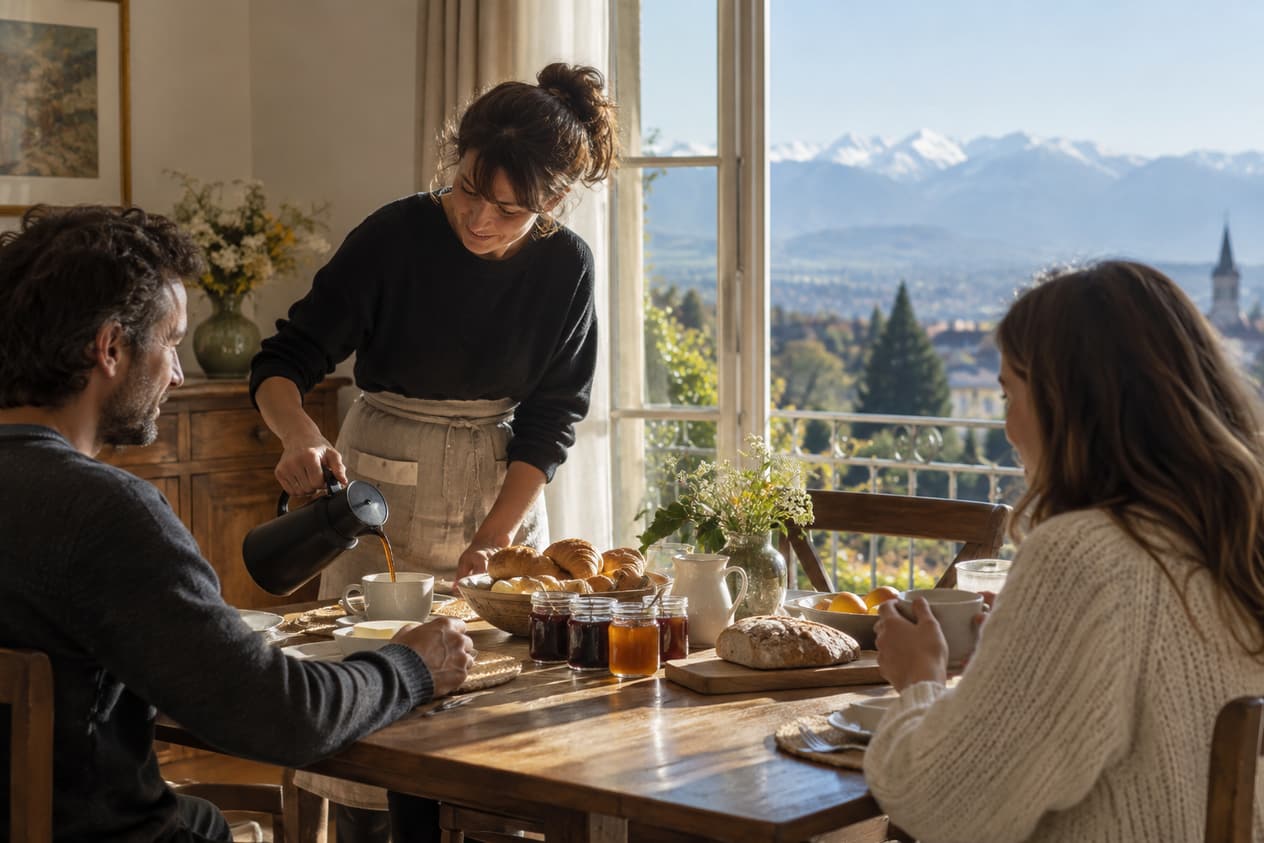 Table de petit-déjeuner d’une maison d’hôtes à Pau, montagnes au loin