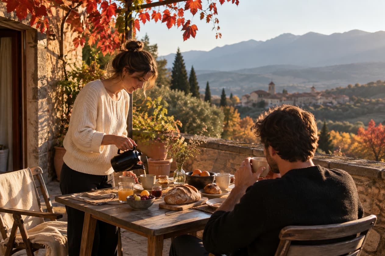 Terrasse d’une maison d’hôtes catalane en automne, vigne rougie