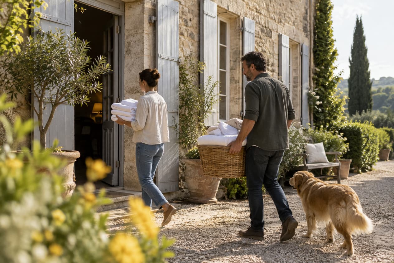 Maison d’hôtes en pierre près de la Loire, cour en gravier et volets ouverts