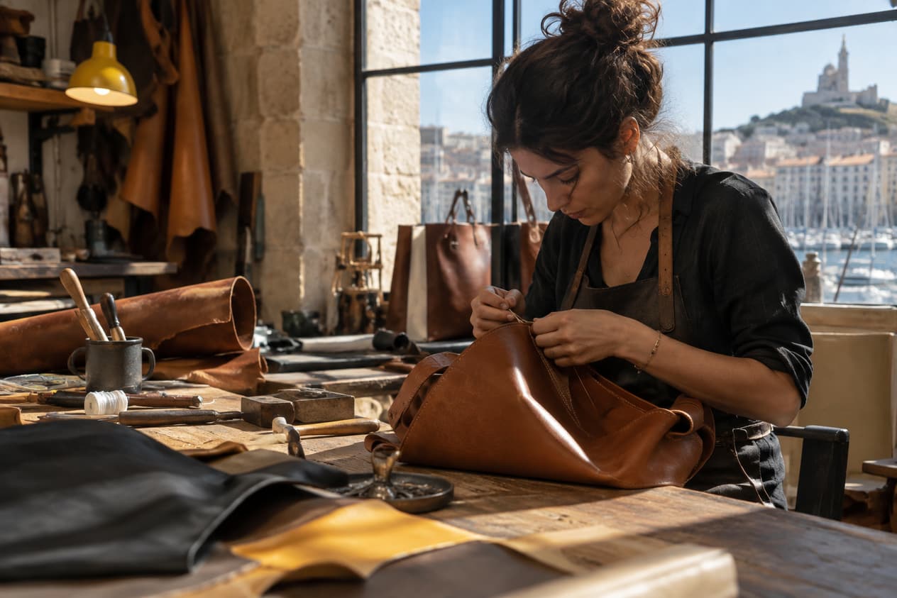 Atelier de maroquinerie marseillais, cuirs et sac en cours de montage