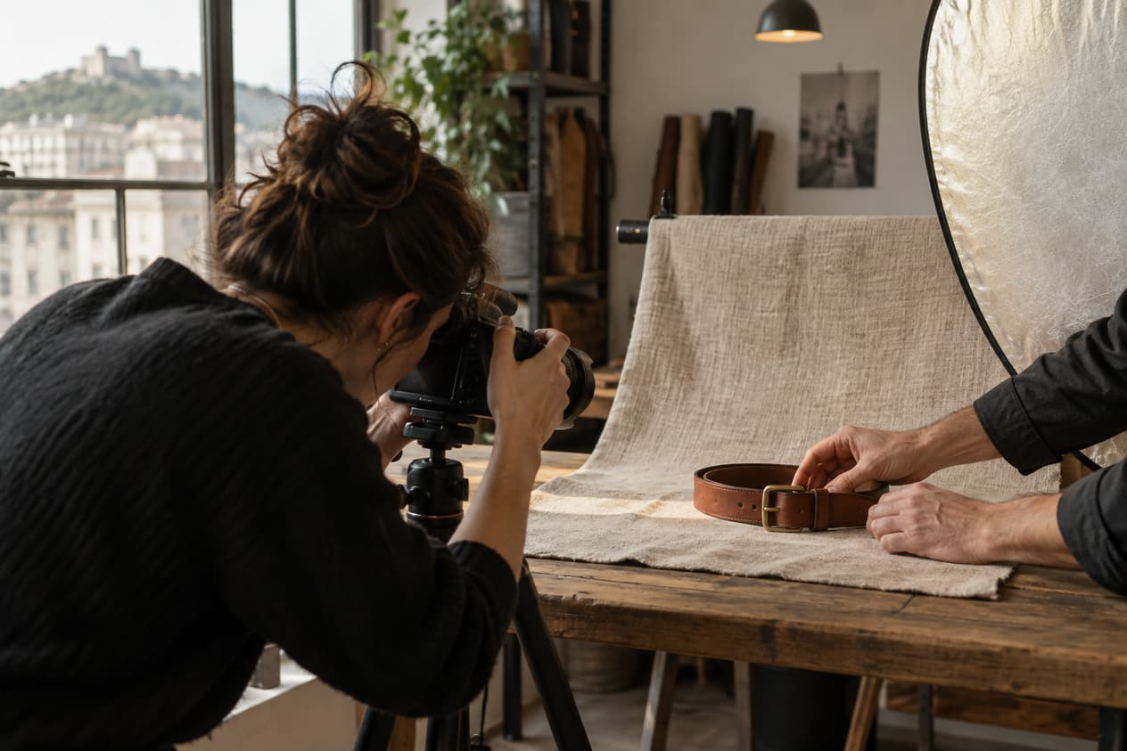 Prise de vue d’un accessoire en cuir dans un atelier stéphanois