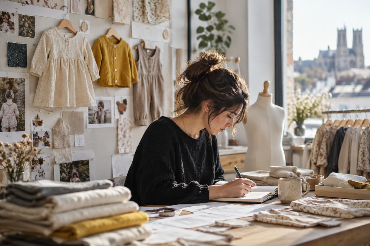 Échantillons de vêtements enfant épinglés dans un atelier limougeaud