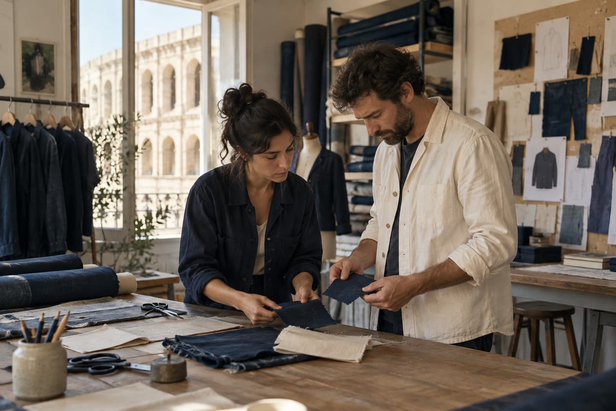 Atelier d’une marque nîmoise, rouleaux de toile et échantillons épinglés