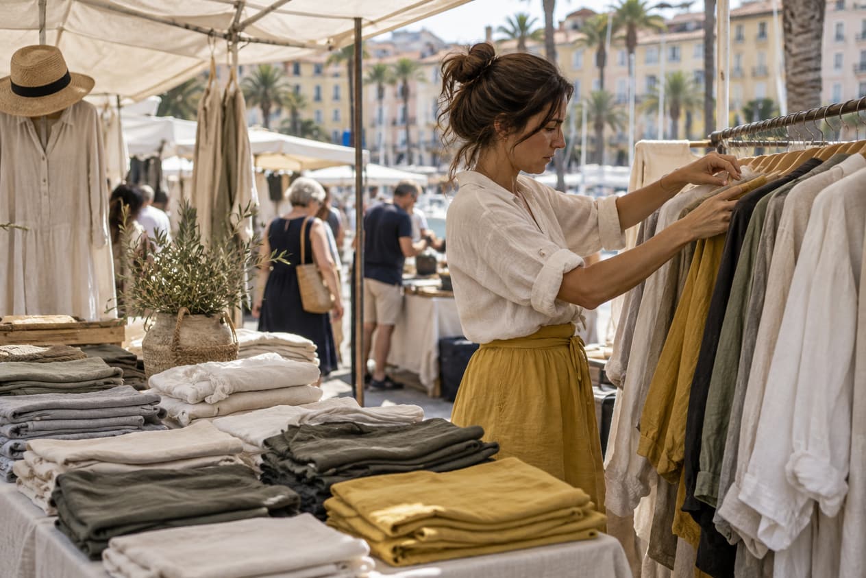 Stand de vêtements en lin sur un marché toulonnais