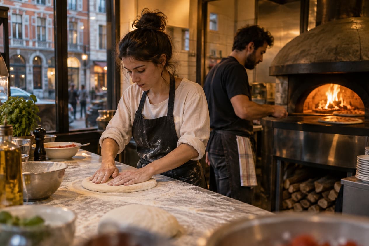 Four à bois et plan de travail fariné dans une petite pizzeria du Vieux-Lille