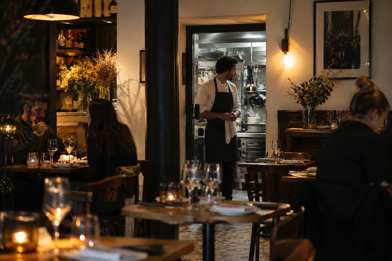 Salle d’un restaurant de quartier nantais un soir de semaine, tables dressées