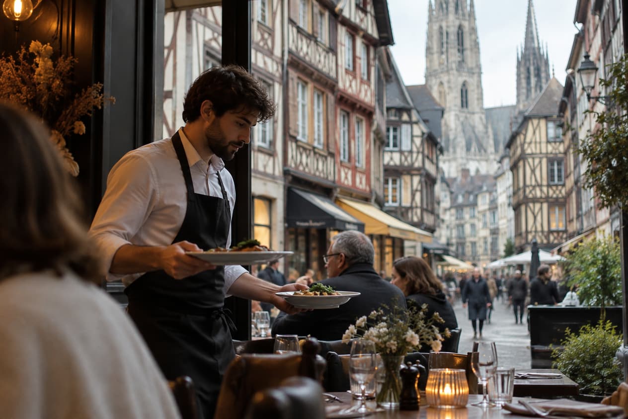 Vue depuis la salle d’un restaurant sur une rue à colombages du Vieux-Rouen