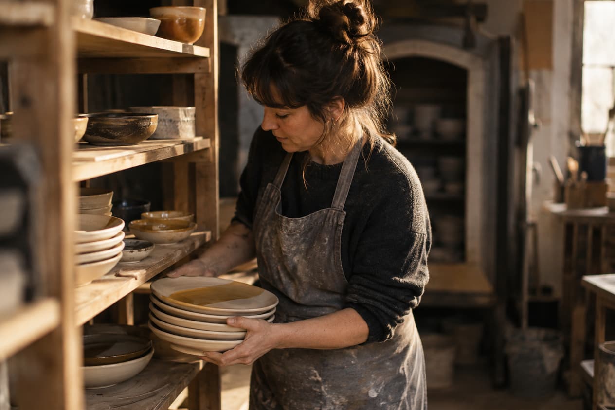 Une céramiste sort une pile d’assiettes émaillées de son étagère