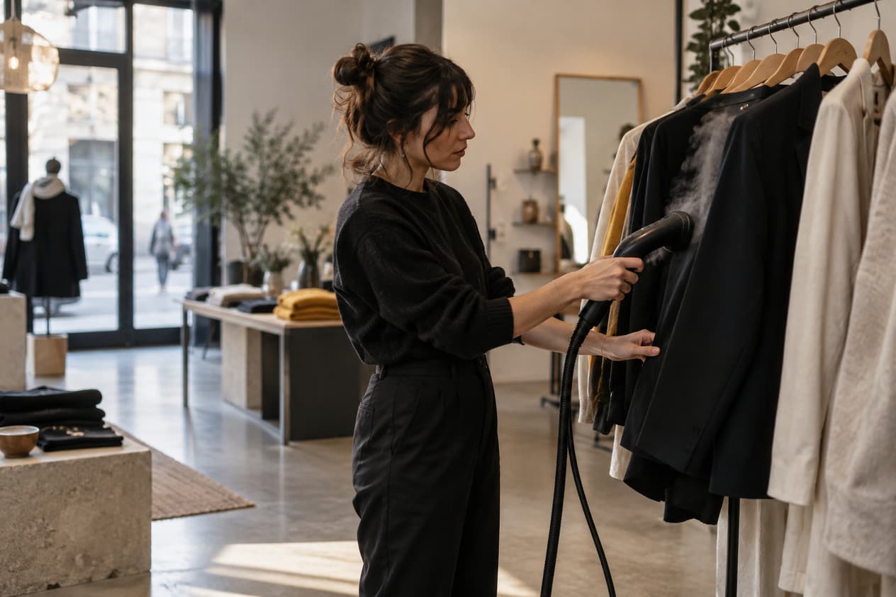Un commerçant défroisse une veste sur un portant de son concept store