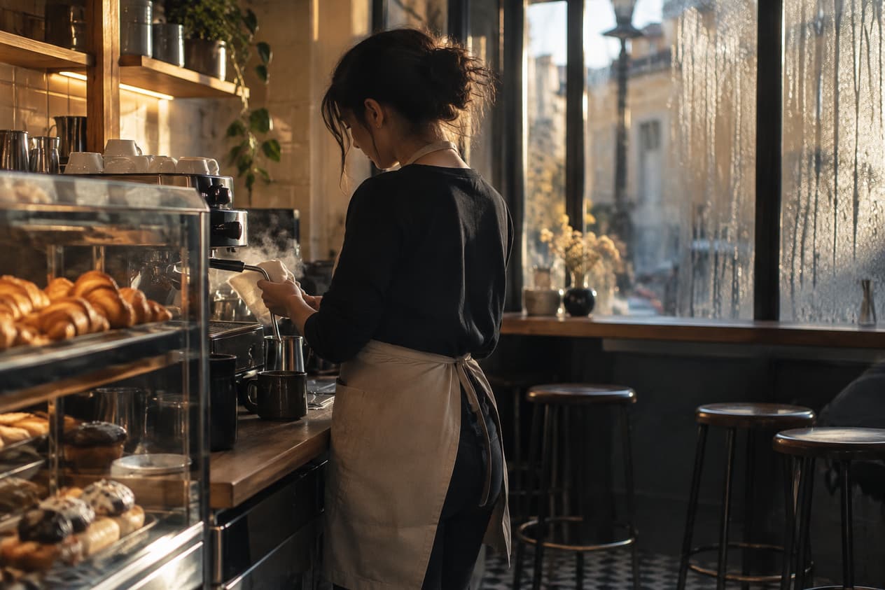 Un barista nettoie la buse vapeur de sa machine au petit matin