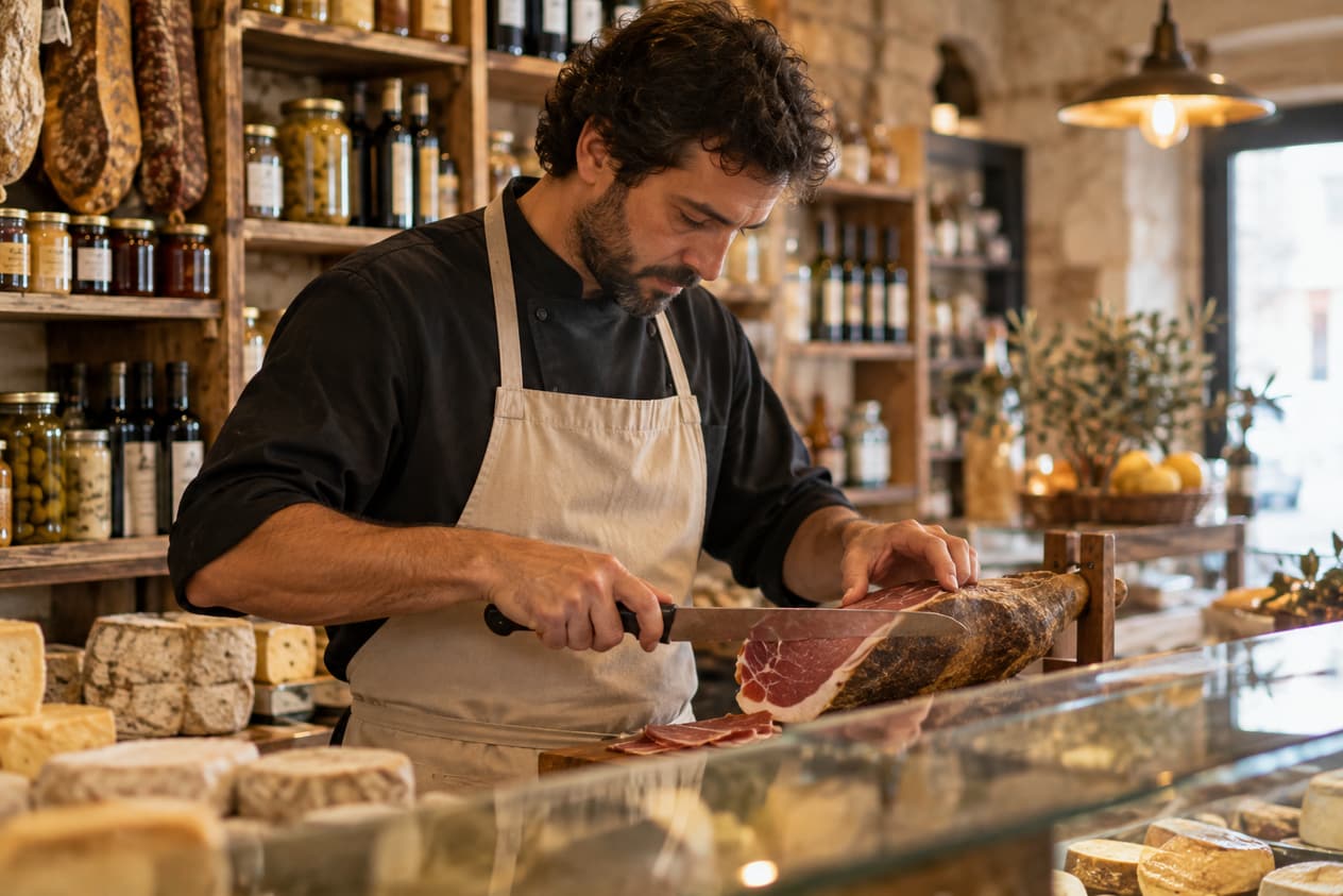 Un épicier tranche de la charcuterie derrière son comptoir