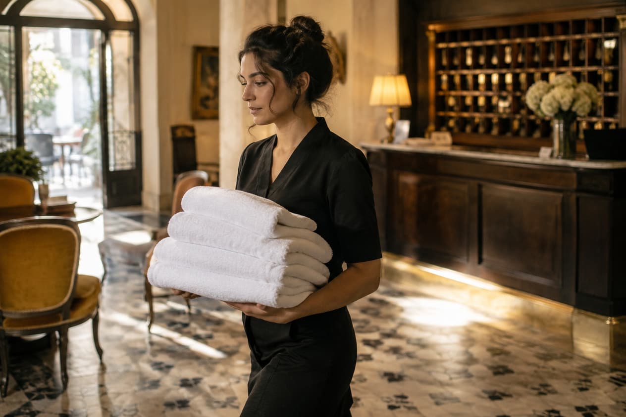 Une réceptionniste traverse le hall d’un petit hôtel avec des serviettes