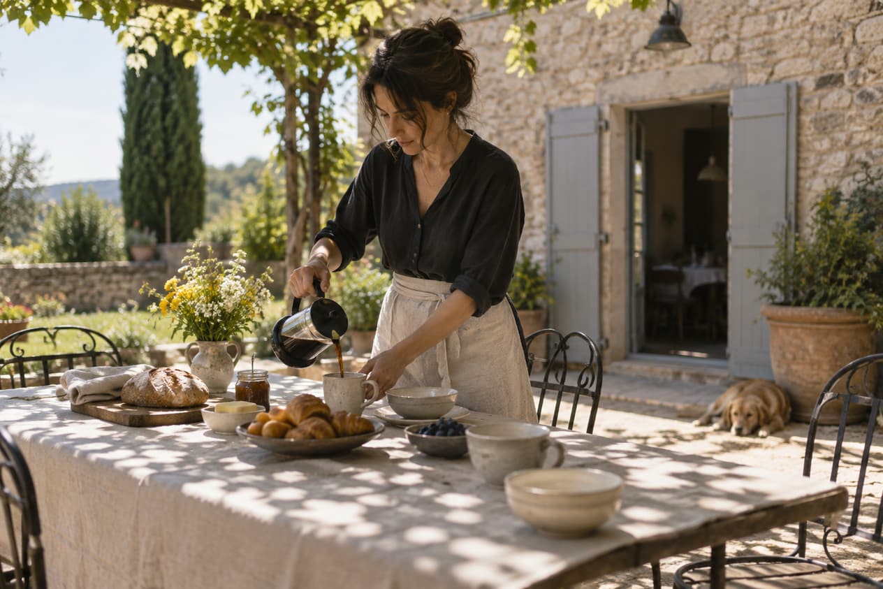Une hôtesse dresse le petit-déjeuner dans la cour d’une maison d’hôtes
