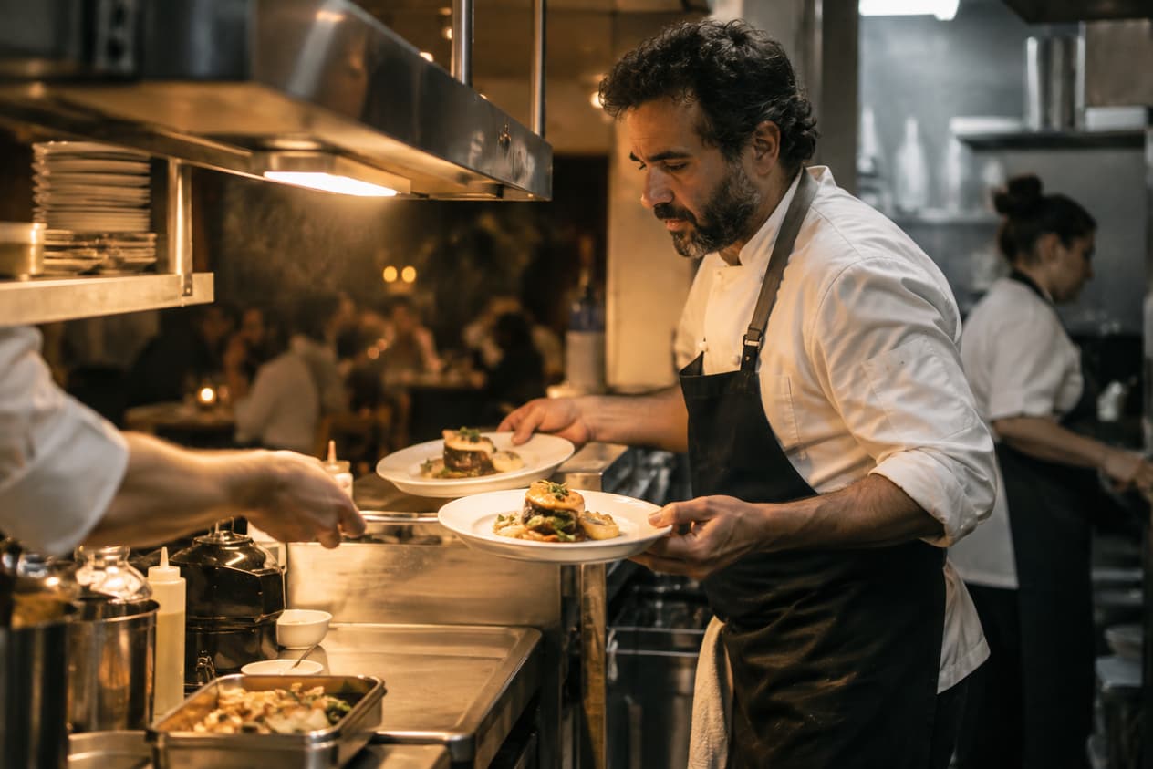 Un chef envoie deux assiettes au passe de son restaurant de quartier