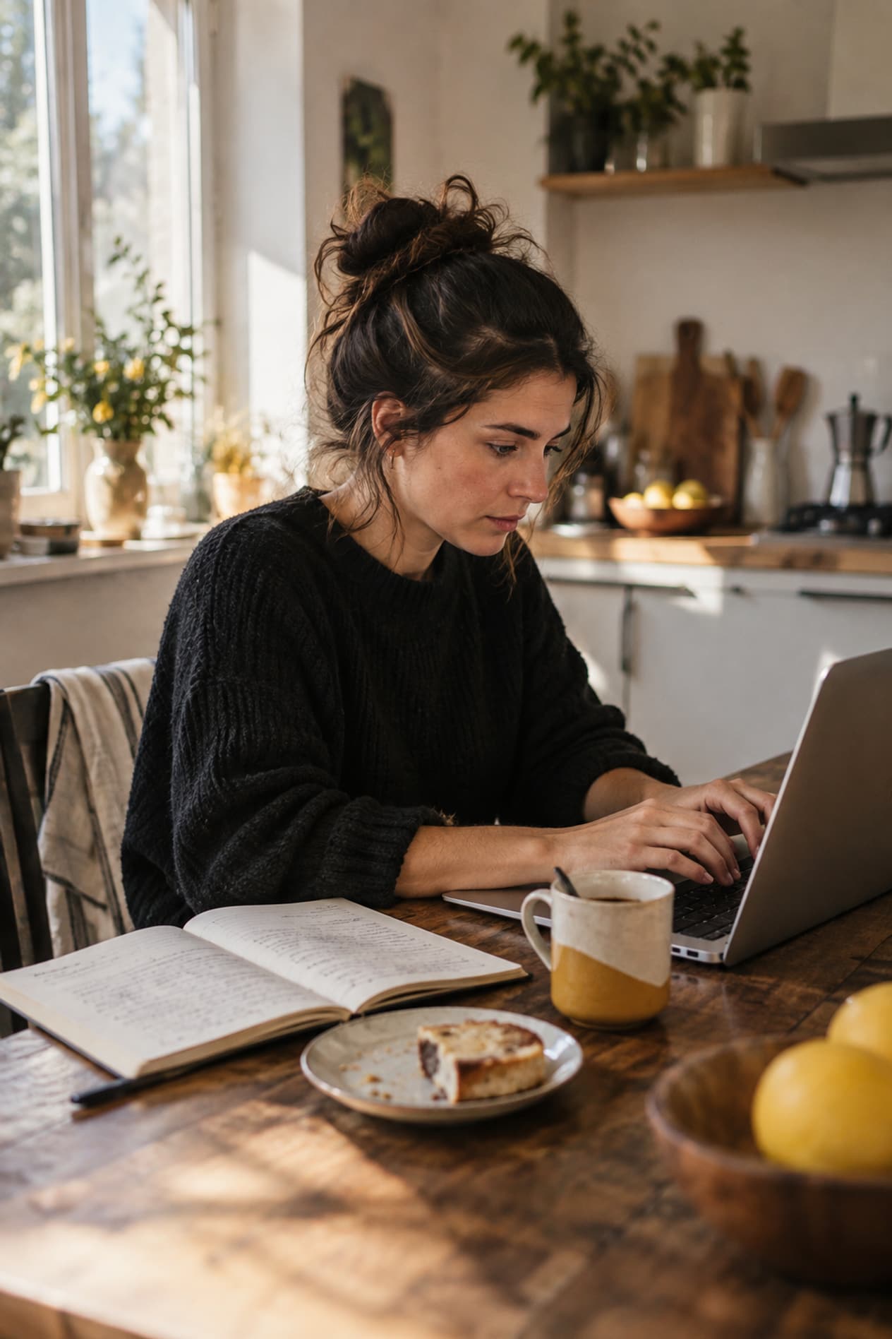 Une personne rédige à la table de la cuisine, carnet de notes ouvert