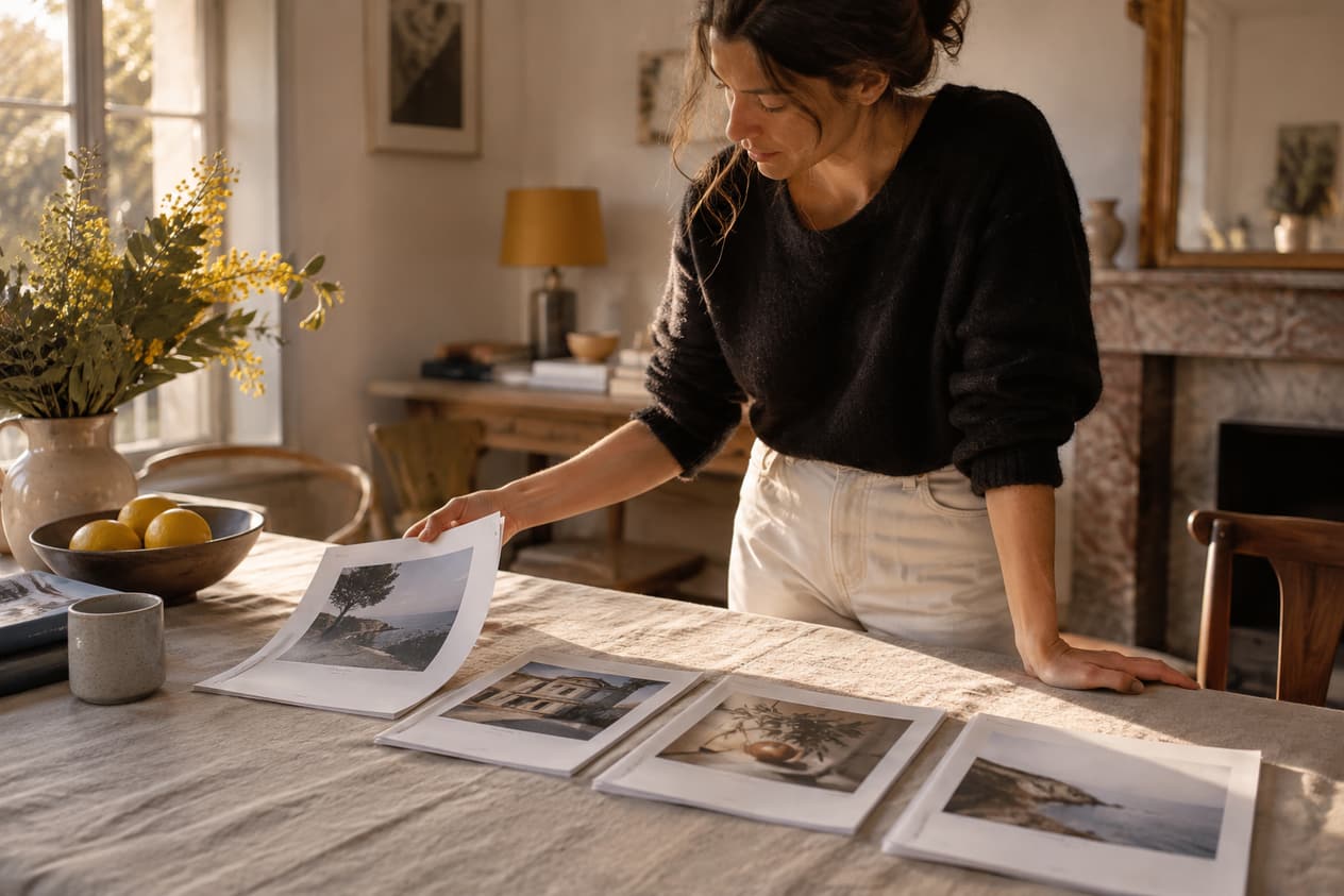 Quatre articles imprimés et agrafés alignés sur une nappe
