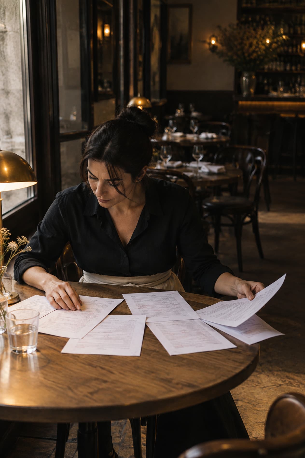 Un restaurateur étale des pages annotées au stylo rouge après le service
