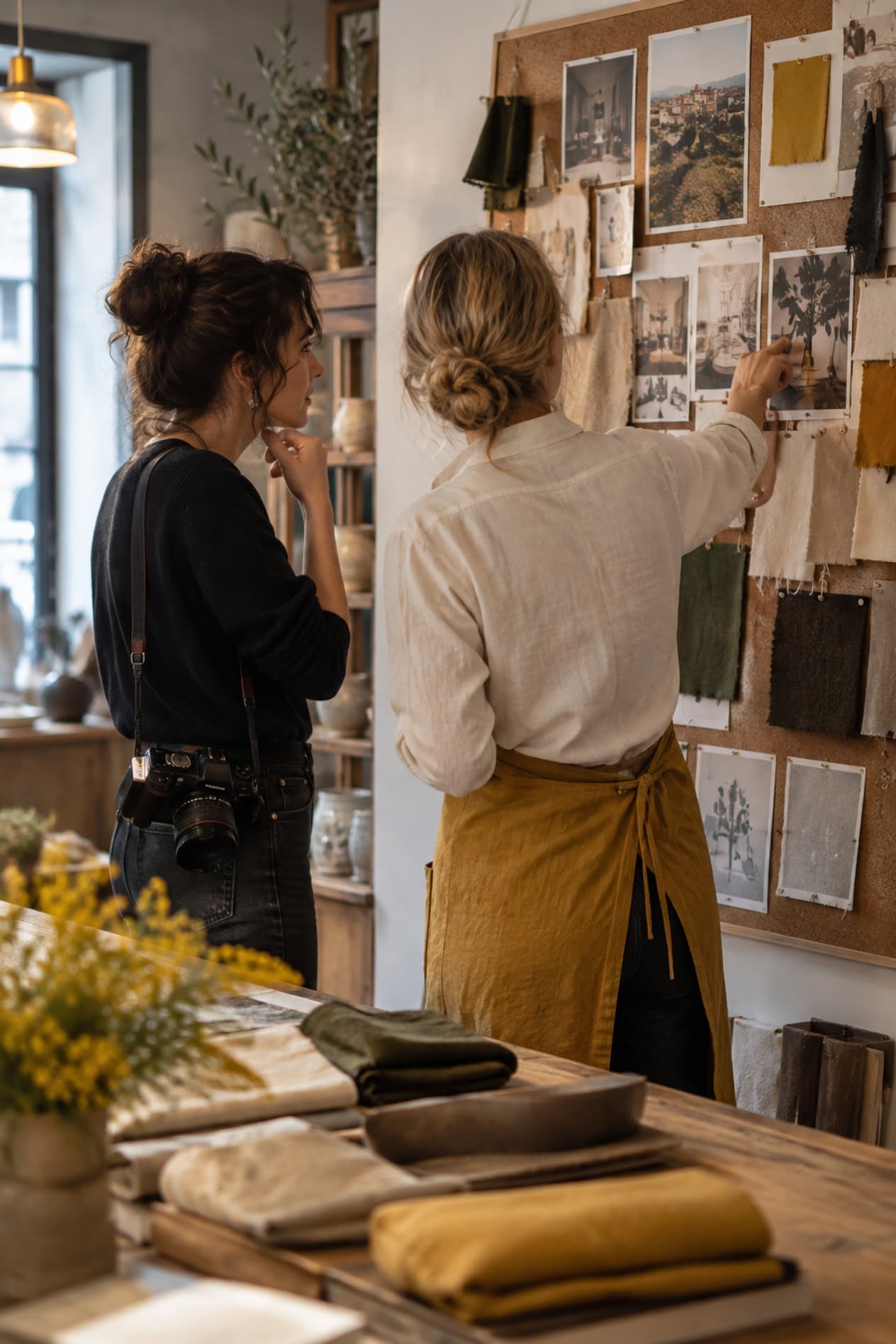 Un photographe et une commerçante devant un moodboard punaisé