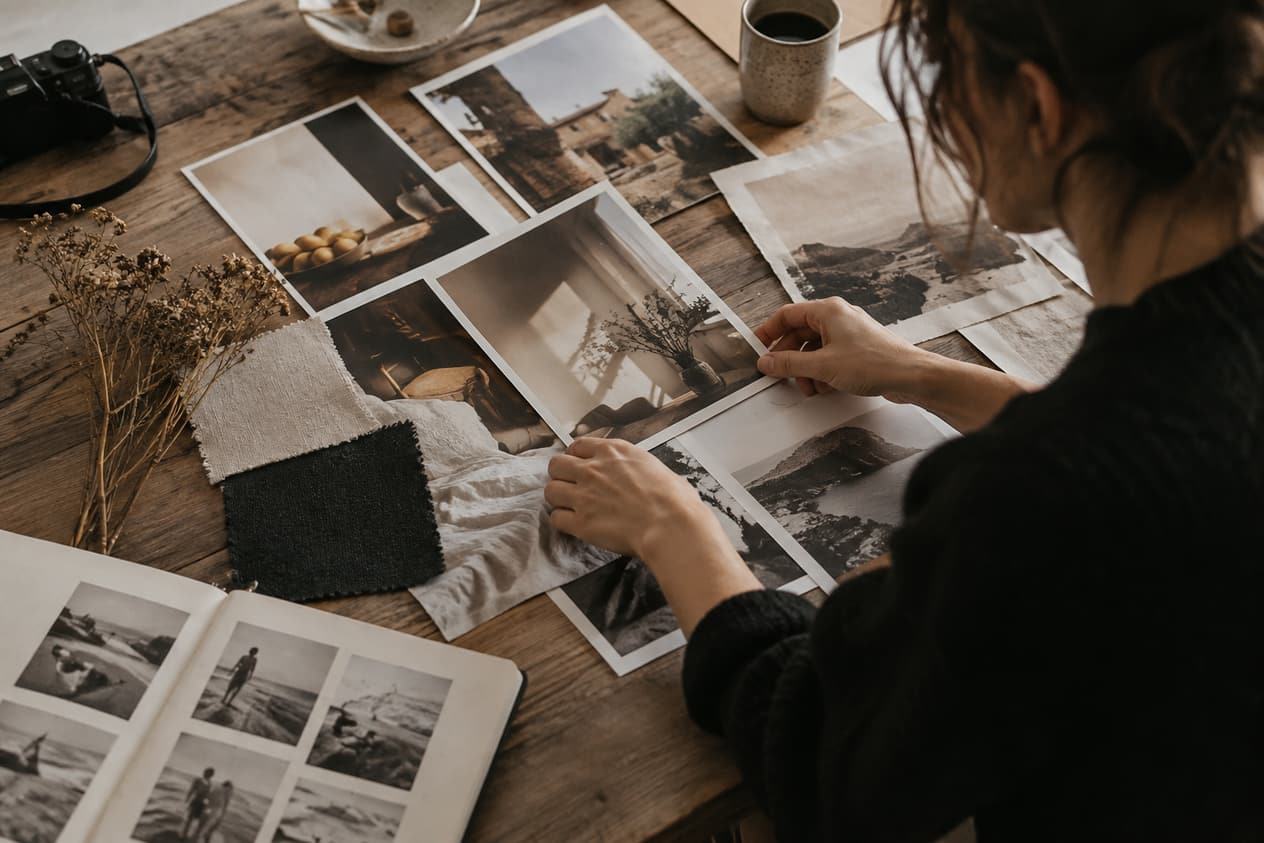 Moodboard à plat : images, tissus et liste de plans imprimée