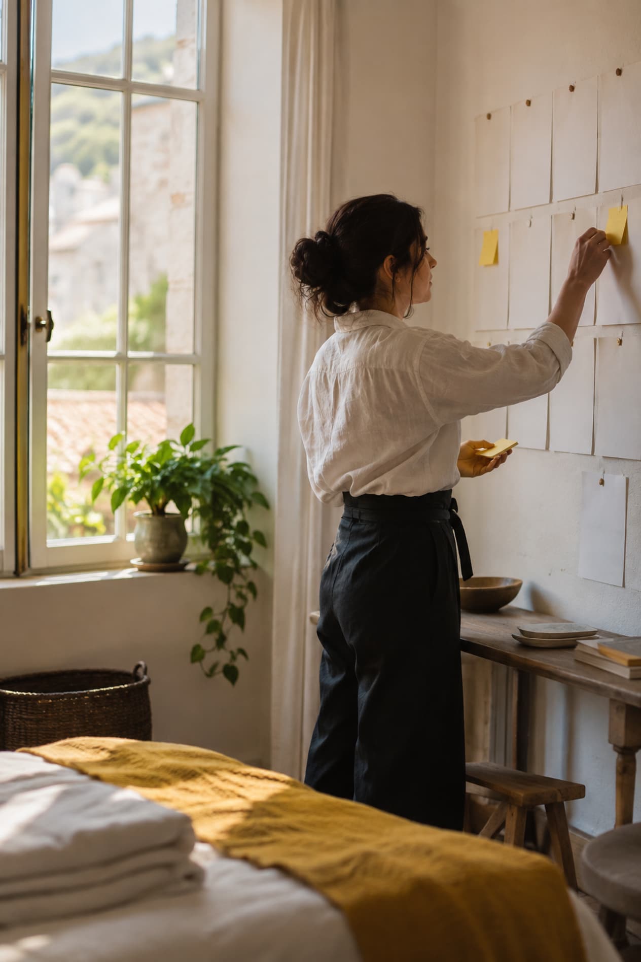 Une hôtelière ajoute une note à son planning mural