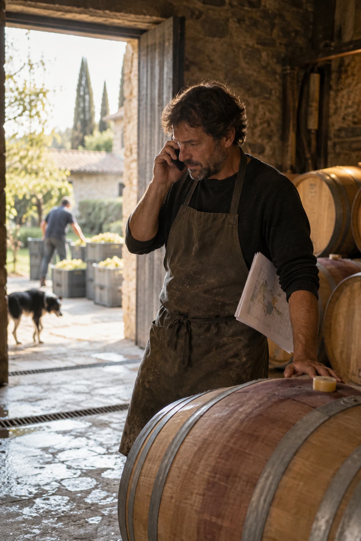 Un vigneron au téléphone dans l’embrasure de son chai
