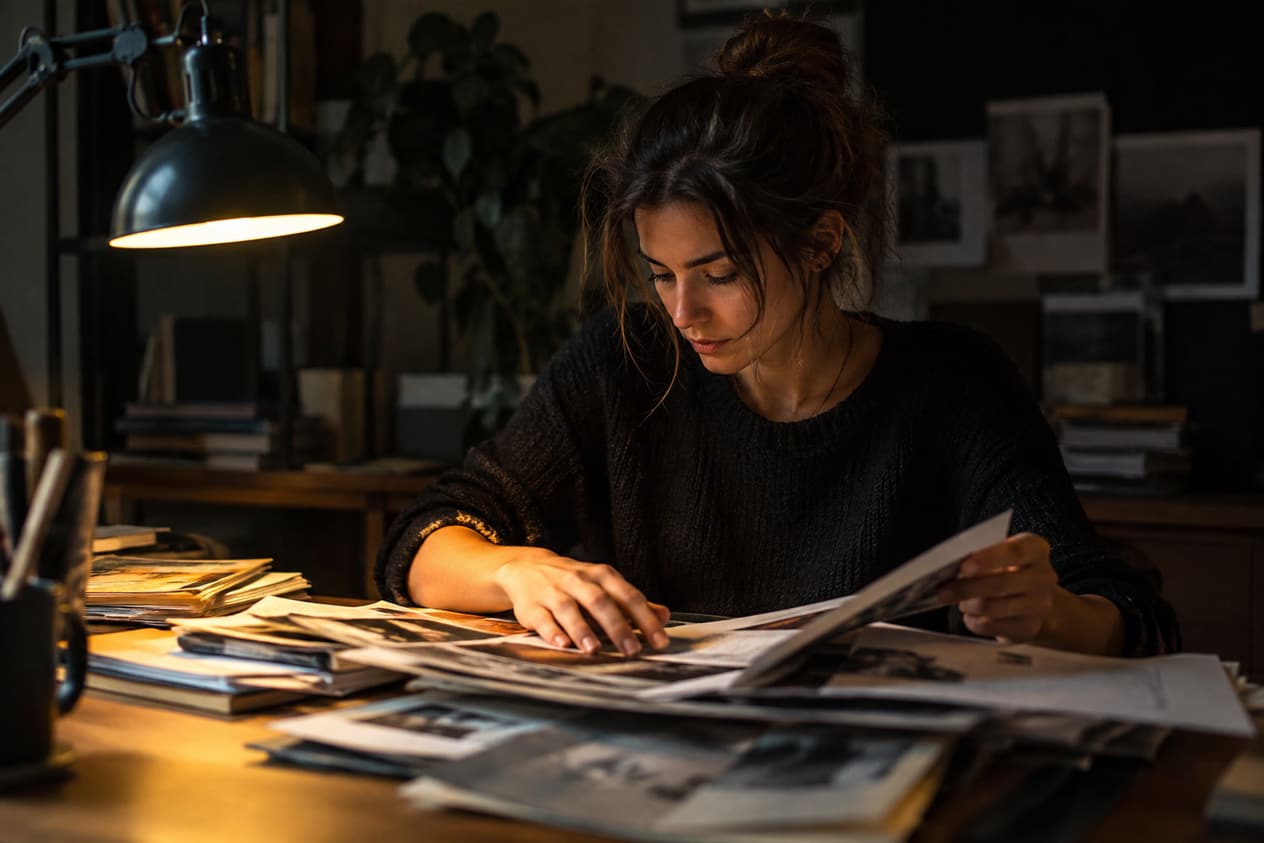 Une pile de coupures de presse feuilletée sous une lampe de bureau