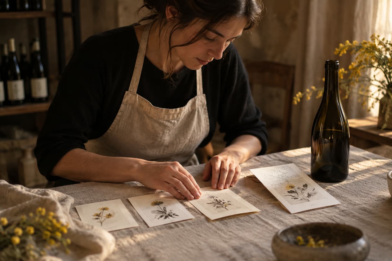 Épreuves d’étiquettes et de menu posées sur une nappe de lin