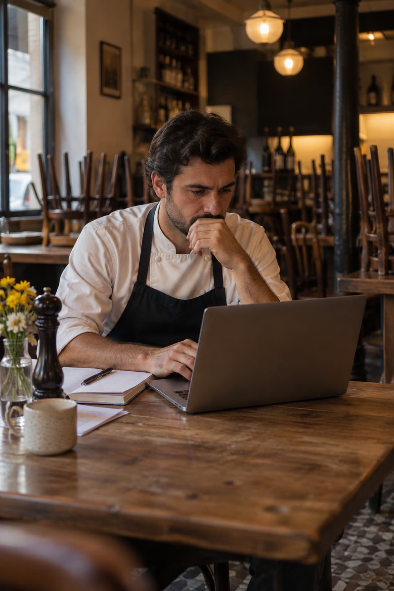 Un restaurateur valide une maquette sur son ordinateur avant l’ouverture