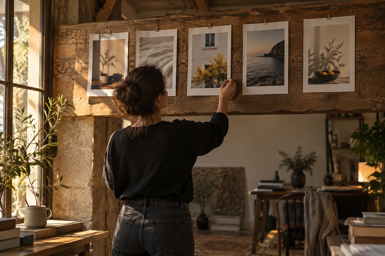 Cinq mises en page imprimées alignées sur une poutre en bois