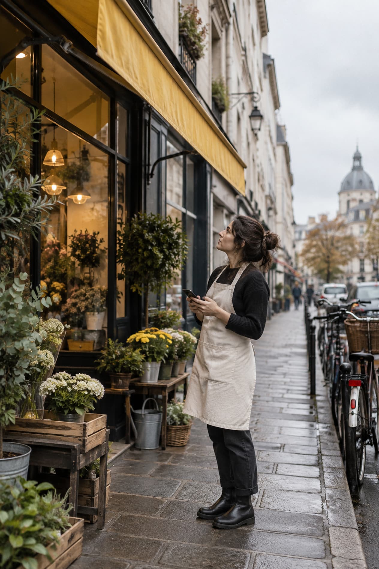 Une commerçante compare sa devanture et son téléphone sur le trottoir