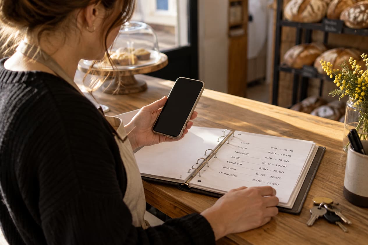 Un téléphone, un classeur d’horaires imprimés et des clés sur un comptoir