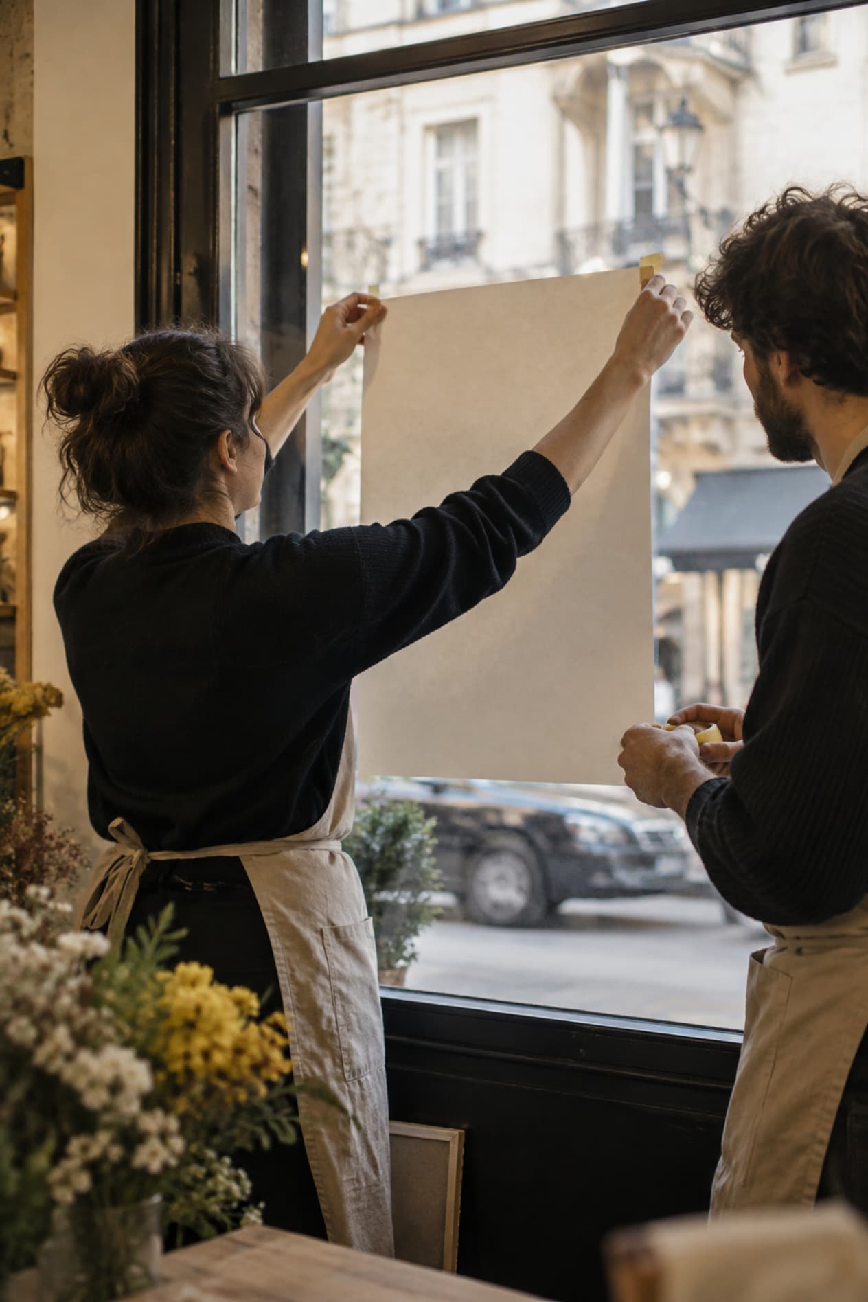 Deux personnes affichent une affiche dans la vitrine
